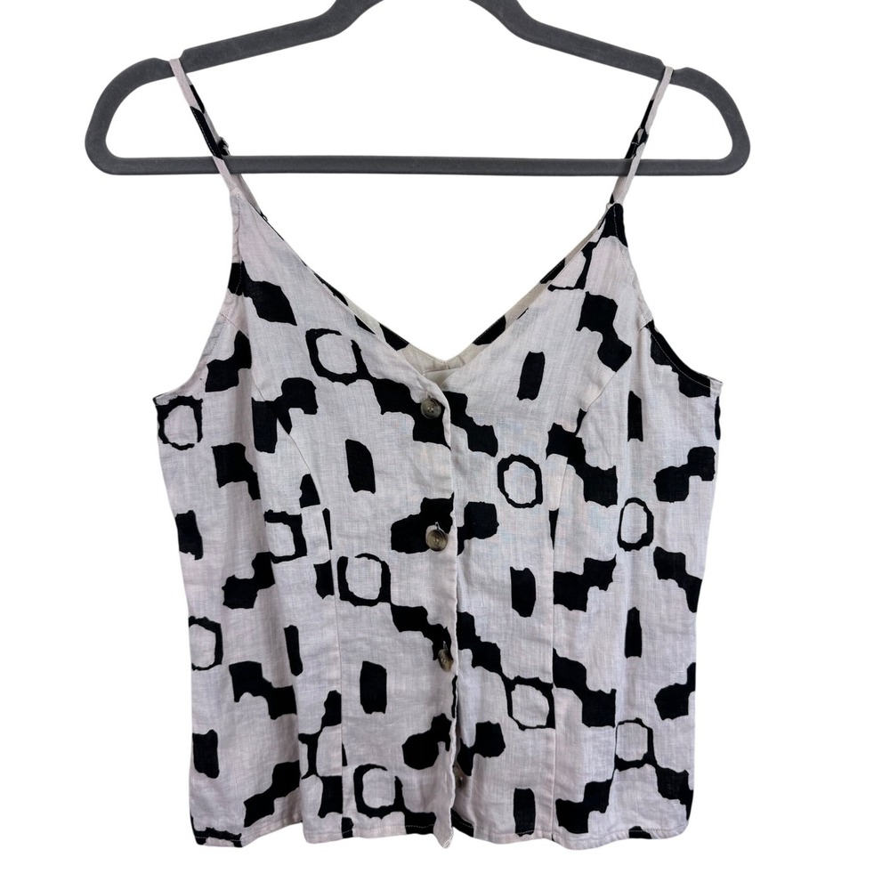 H&M Womens Black Cream Abstract Geometric 100% Linen Button Front Camisole Top S